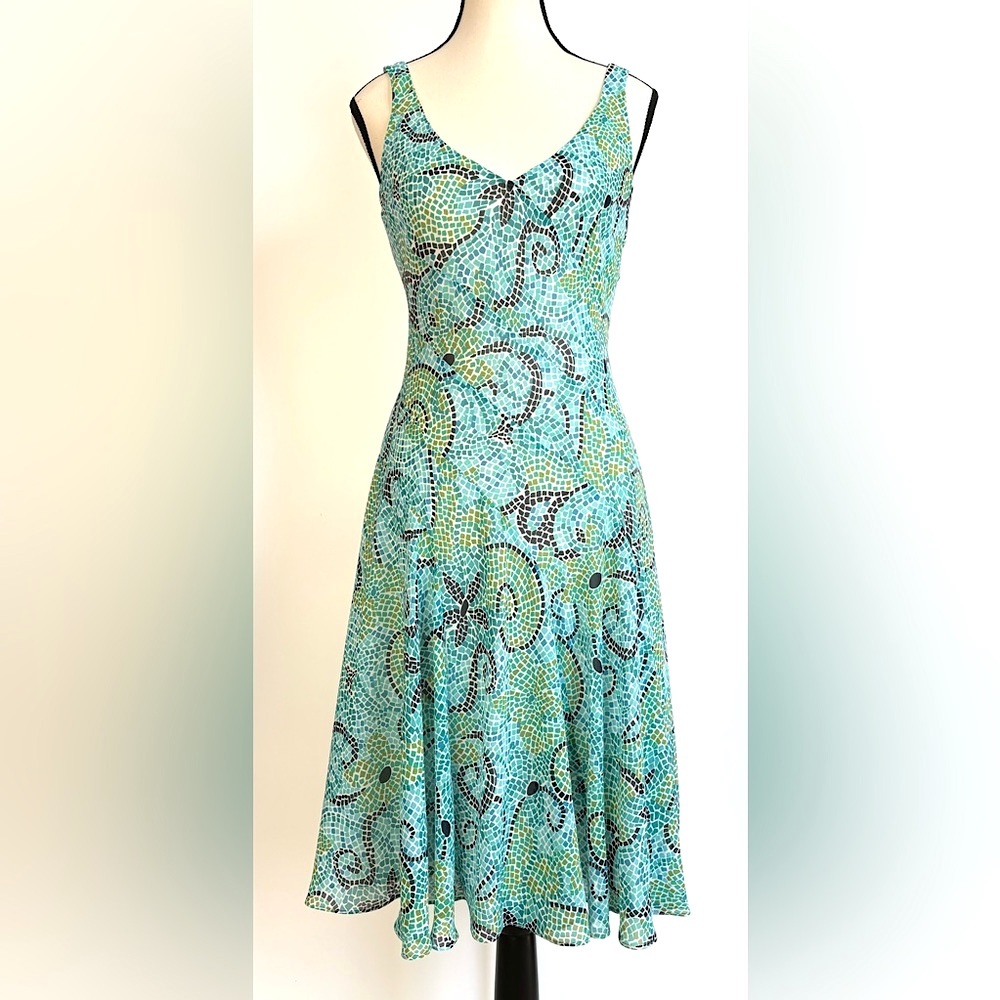 Vintage Midi Dress Blue Green Mosaic Y2K‎ Fairy Chiffon Jones Size 4-6